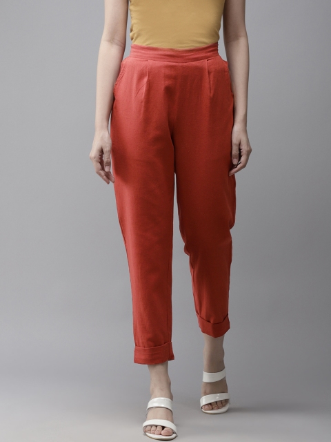 

Amirah s Women Red Pure Cotton Pleated Cropped Trousers