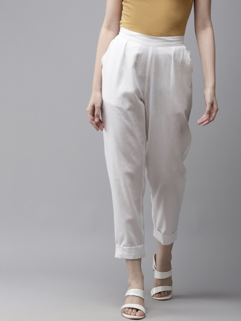 

Amirah s Women White Pure Cotton Pleated Cropped Trousers
