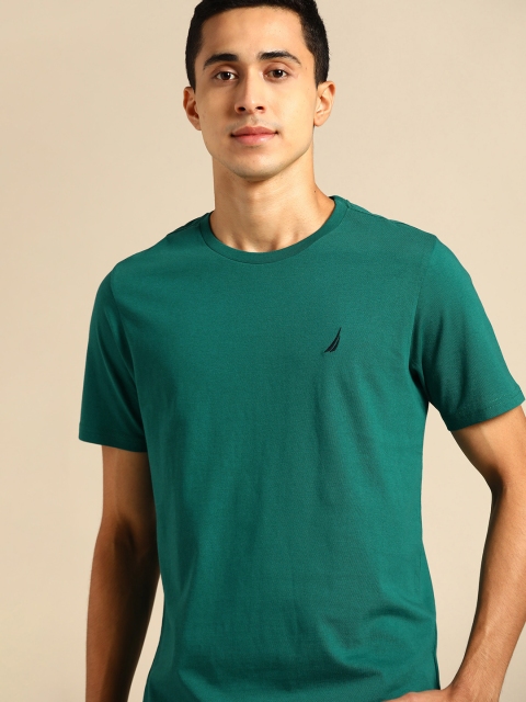 

Nautica Men Teal Green Solid Round Neck Pure Cotton T-shirt