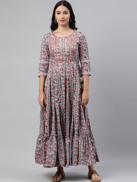 

Neerus Women Grey & Red Ethnic Motifs Printed Thread Work Anarkali Kurta