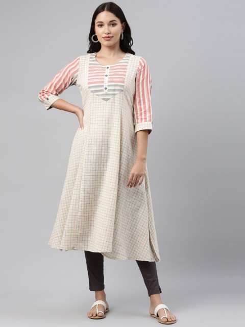 

Neerus Women Cream-Coloured & Peach-Coloured Printed Kurta