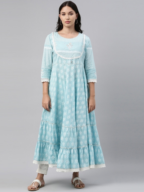 

Neerus Women Turquoise Blue & White Ethnic Motifs Anarkali Kurta