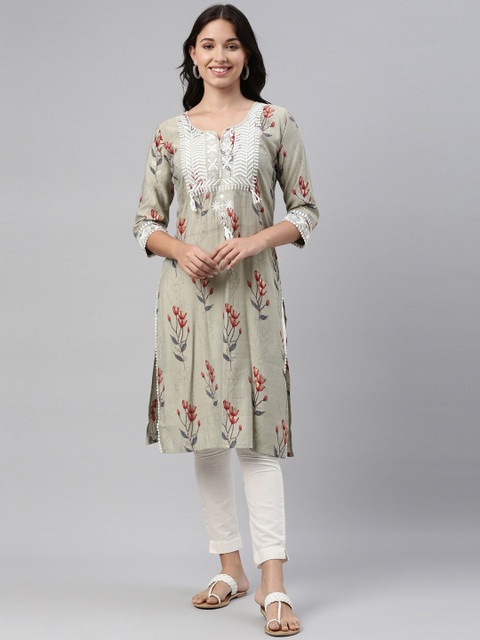 

Neerus Women Grey & Red Floral Yoke Design Thread Work Kurta