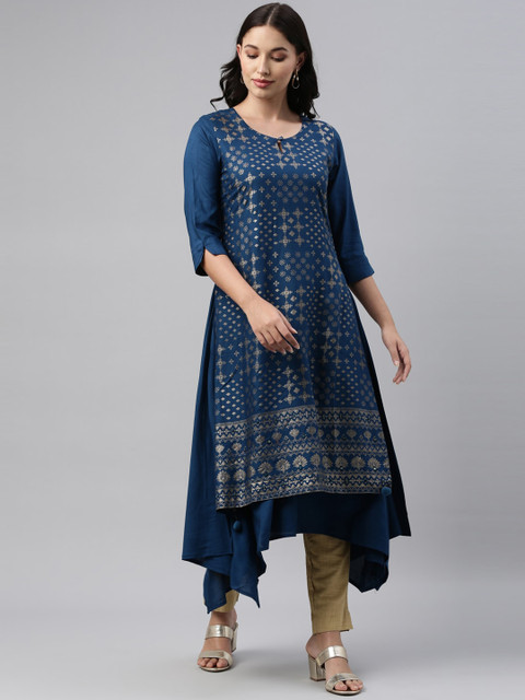 

Neerus Women Blue & Gold-Toned Ethnic Motifs Printed Floral Kurta