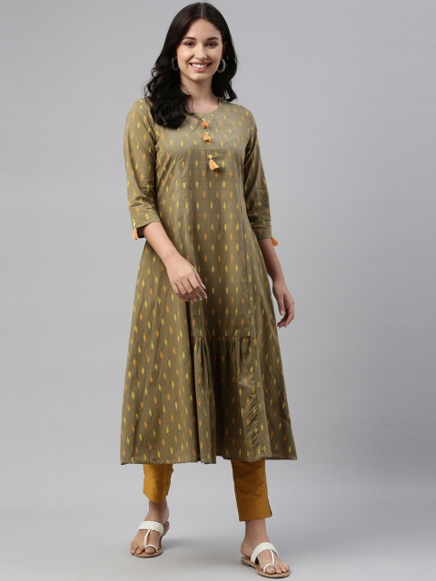 

Neerus Women Olive Green & Yellow Ethnic Motifs Thread Work Kurta