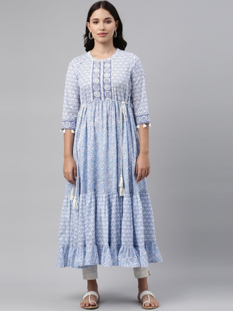 

Neerus Women Blue & White Ethnic Motifs Printed Anarkali Kurta