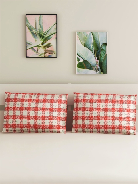 

Salona Bichona Set Of 2 Red & White Checked Pure Cotton 144 TC Pillow Covers