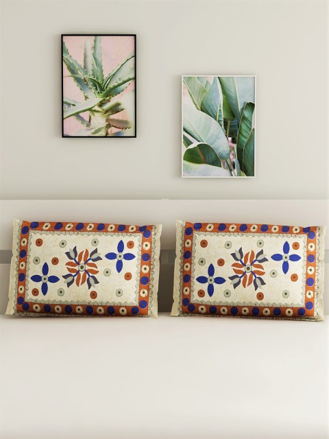 

Salona Bichona Set Of 2 Cream-Coloured & Blue Jaipuri printed 120 TC Pure Cotton Pillows Covers