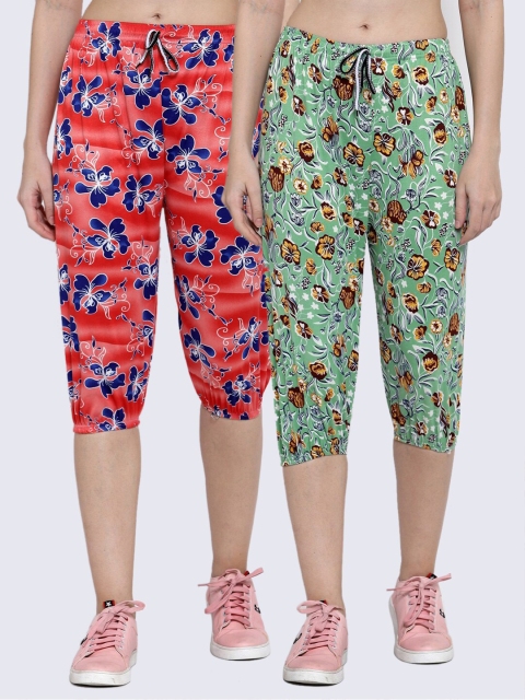 

KLOTTHE Women Pack of 2 Orange & Green Printed Capris