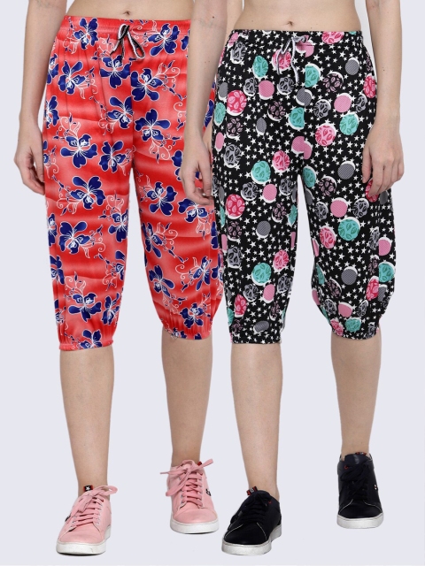 

KLOTTHE Women Set of 2 Red & Blue Printed Capris