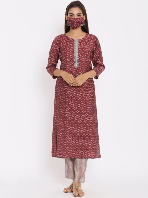 

ZOLA Women Maroon Printed Regular Thread Work Pure Cotton Kurta with Trousers