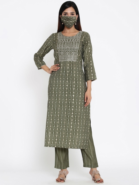 

ZOLA Women Green Floral Yoke Design Thread Work Pure Cotton Kurta with Trousers