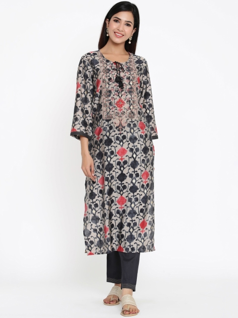 

ZOLA Women Grey Floral Yoke Design Regular Thread Work Kurta with Trousers