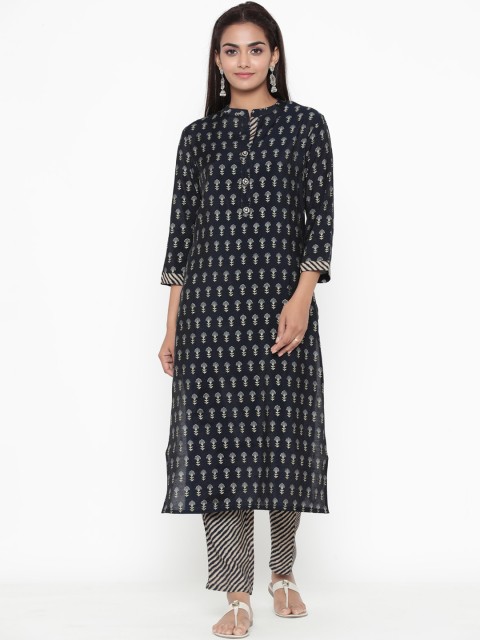 

ZOLA Women Navy Blue Block Print Ethnic Motifs Kurta with Trousers