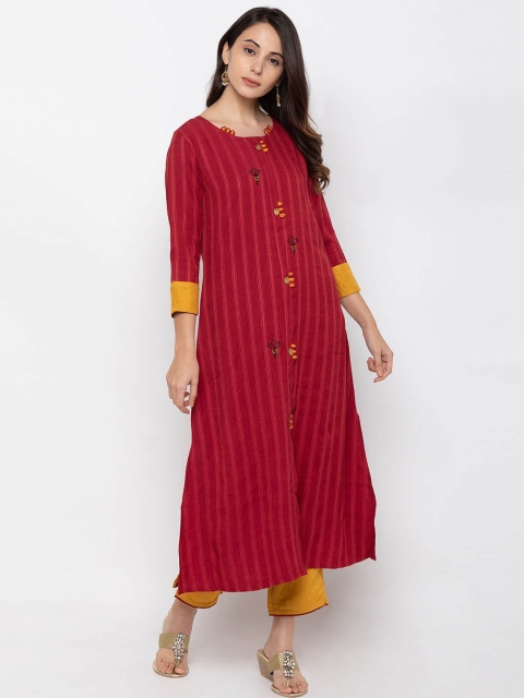 

ZOLA Women Maroon Striped Layered Thread Work Pure Cotton Kurta with Trousers