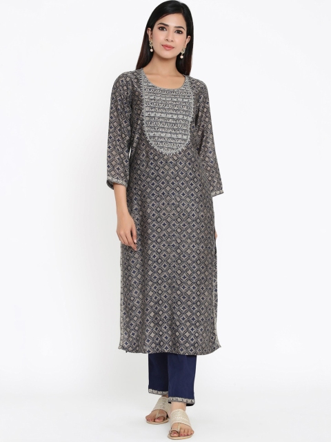 

ZOLA Women Grey Floral Yoke Design Thread Work Kurta with Trousers