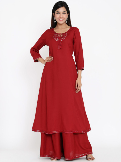 

ZOLA Women Maroon Regular Mirror Work Kurta with Palazzos