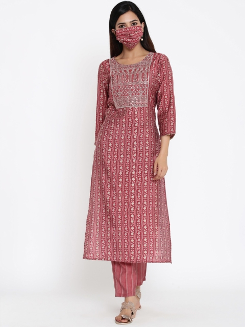 

ZOLA Women Maroon Floral Printed Regular Pure Cotton Kurta with Trousers
