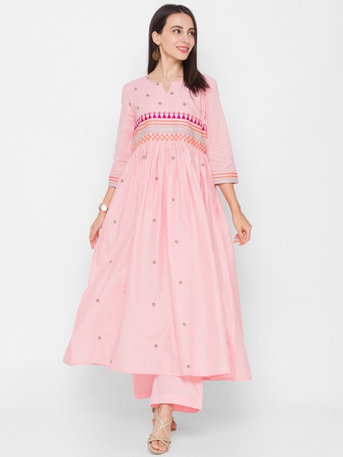 

ZOLA Women Pink Embroidered Pleated Thread Work Pure Cotton Kurta with Trousers