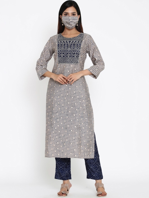 

ZOLA Women Blue Ethnic Motifs Yoke Design Thread Work Kurta with Trousers