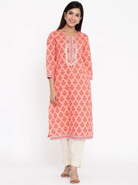 

ZOLA Women Peach-Coloured Ethnic Motifs Printed Thread Work Kurta with Trousers