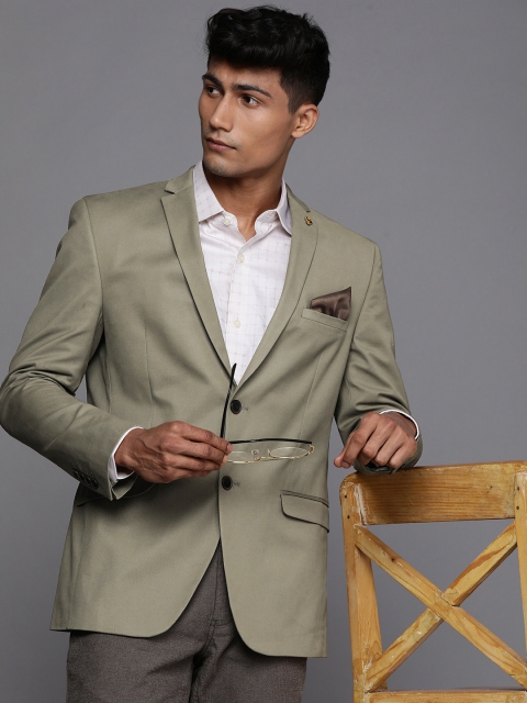 

Theme Men Olive Green Solid Slim Fit Single Breasted Blazers