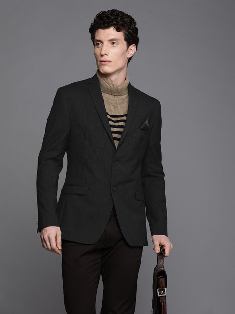 

Theme Men Black Striped Slim Fit Blazers
