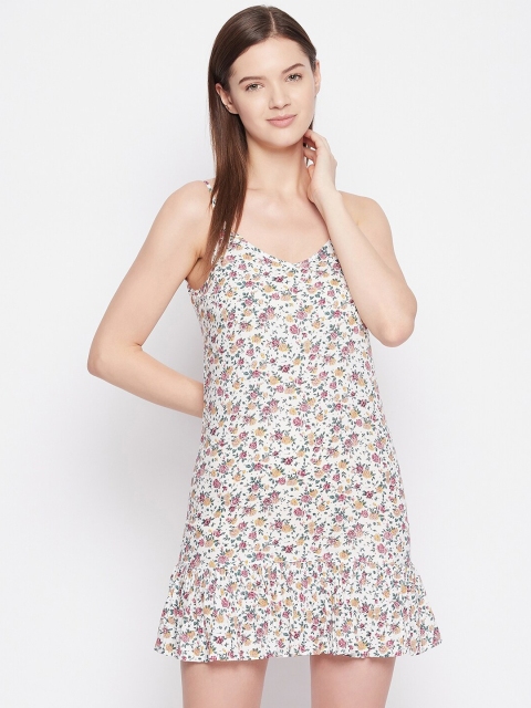 

Hypernation Women White & Pink Floral Printed Nightdress