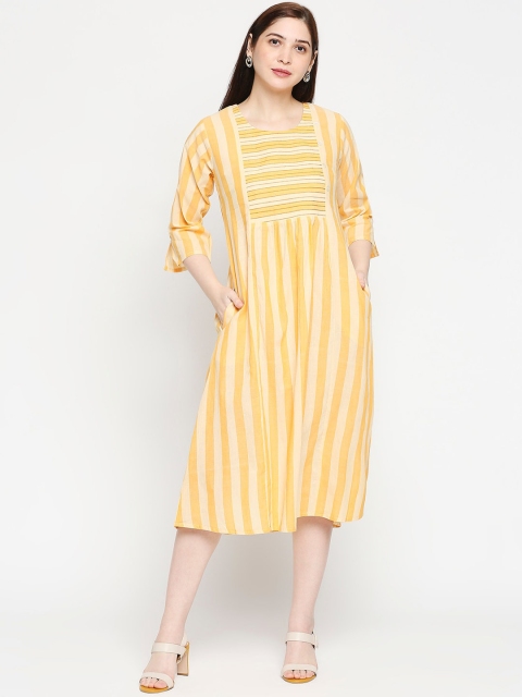 

Kuber Studio Woman Yellow Striped A-Line Midi Dress