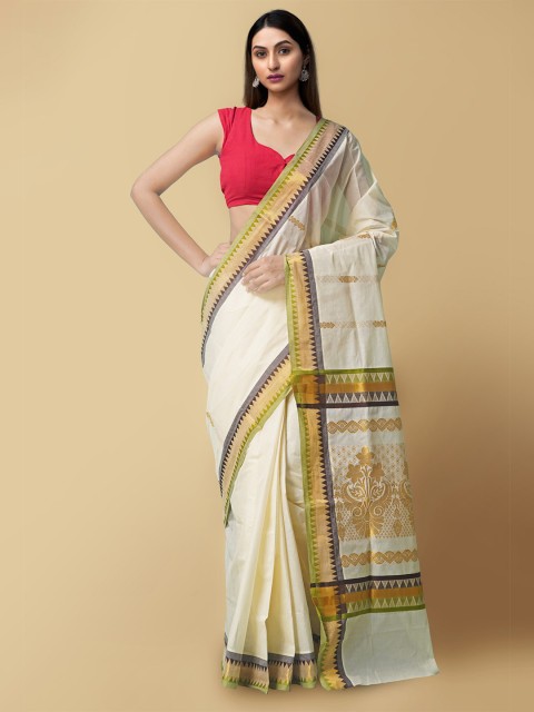 

Unnati Silks Cream-Coloured & Gold-Toned Woven Design Pure Cotton Sustainable Kasavu Saree