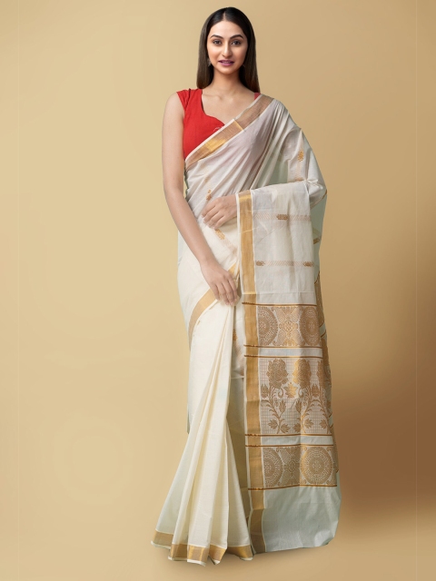 

Unnati Silks Cream-Coloured & Gold-Toned Woven Design Pure Cotton Sustainable Kasavu Saree
