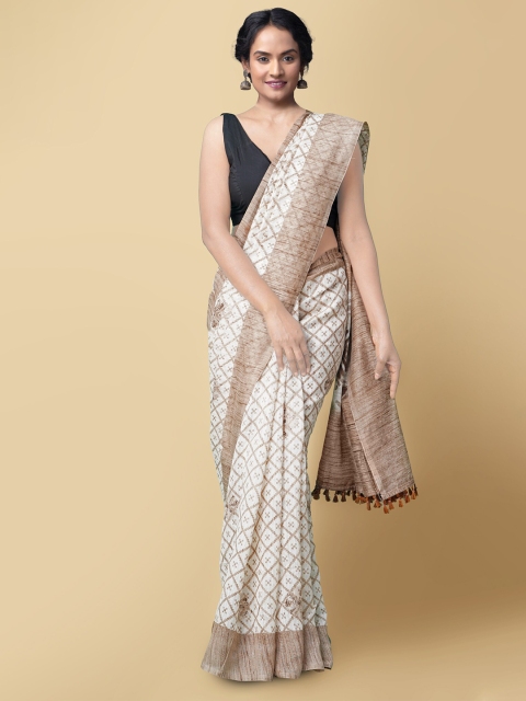 

Unnati Silks Cream-Coloured & Brown Silk Cotton Chanderi Sustainable Saree