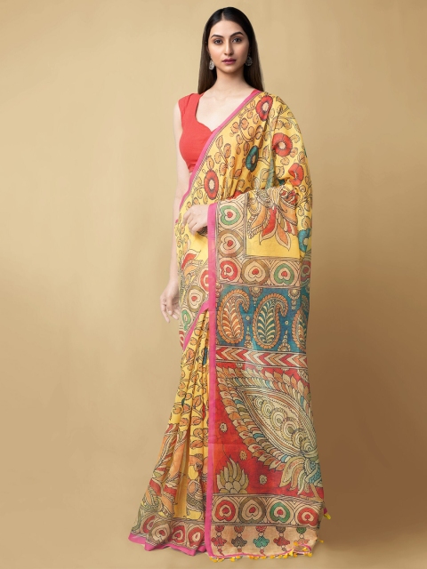 

Unnati Silks Yellow & Red Kalamkari Silk Cotton Chanderi Sustainable Saree
