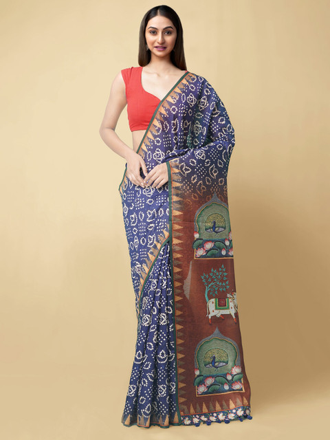 

Unnati Silks Navy Blue & Brown Dabu Silk Cotton Chanderi Sustainable Saree