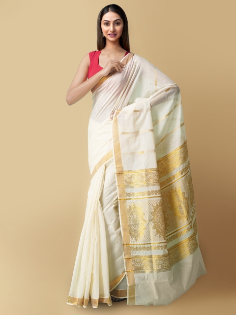 

Unnati Silks Cream-Coloured & Gold-Toned Woven Design Pure Cotton Kasavu Sustainabe Saree