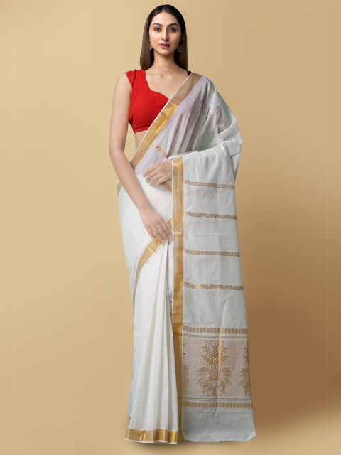 

Unnati Silks Cream-Coloured & Gold-Toned Woven Design Pure Cotton Kasavu Sustainable Saree