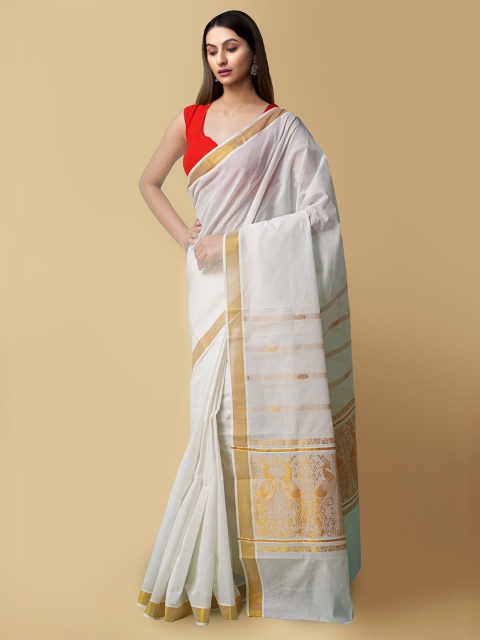 

Unnati Silks Women Cream-Coloured & Gold-Toned Pure Kerala Kasavu Cotton Sustainable Saree