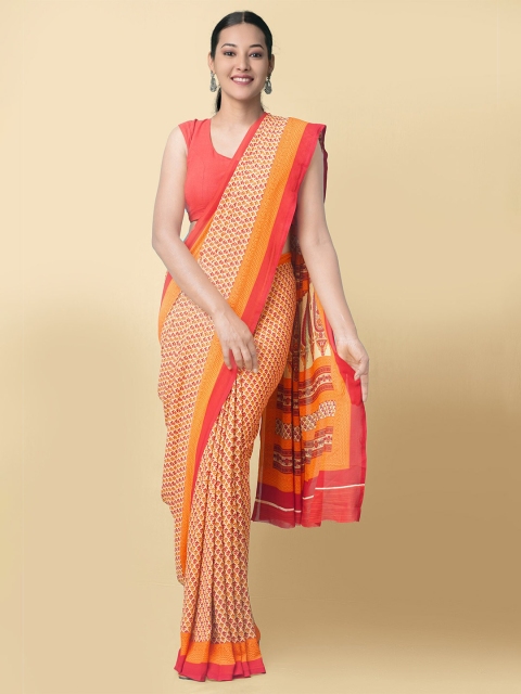 

Unnati Silks Orange & Red Art Silk Block Print Sustainable Saree