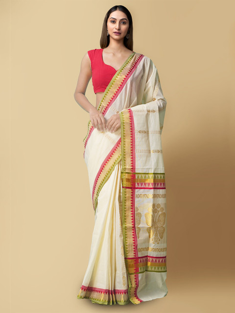 

Unnati Silks Cream-Coloured & Gold-Toned Woven Design Pure Cotton Kasavu Sustainable Saree