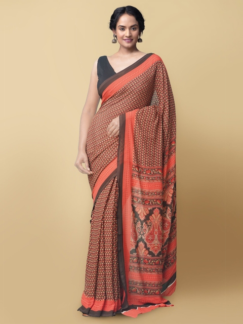 

Unnati Silks Orange & Brown Art Silk Block Print Sustainable Saree