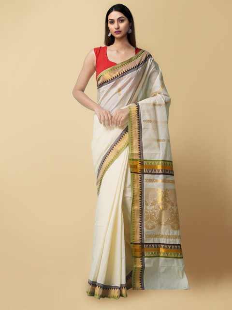 

Unnati Silks Cream-Coloured & Gold-Toned Woven Design Pure Cotton Kasavu Sustainable Saree