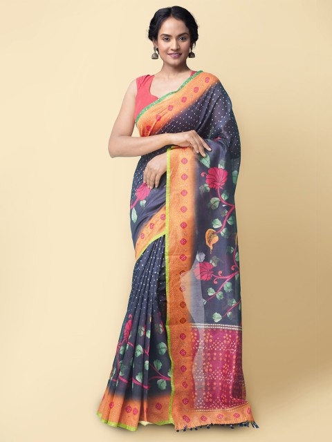 

Unnati Silks Navy Blue & Orange Kalamkari Silk Cotton Chanderi Sustainable Saree