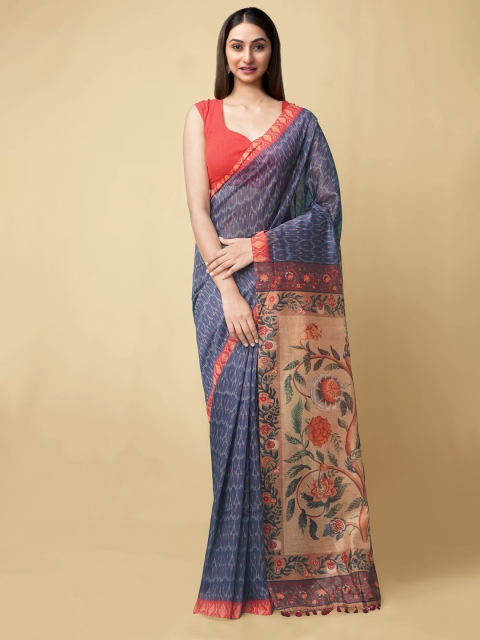 

Unnati Silks Navy Blue & Brown Kalamkari Silk Cotton Chanderi Sustainable Saree