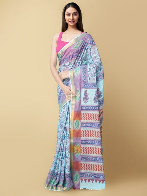 

Unnati Silks Blue & Maroon Zari Pure Cotton Sambalpuri Sustainable Saree