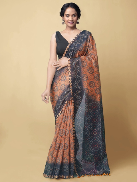 

Unnati Silks Orange & Navy Blue Silk Cotton Chanderi Sustainable Saree