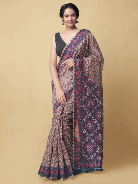 

Unnati Silks Navy Blue & Pink Silk Cotton Chanderi Sustainable Saree