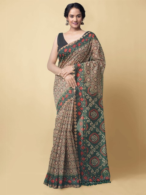 

Unnati Silks Green & Tan Silk Cotton Chanderi Sustainable Saree