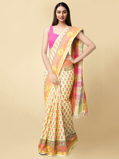 

Unnati Silks Yellow & Pink Ethnic Motifs Zari Pure Cotton Sambalpuri Sustainable Saree