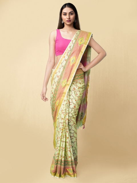 

Unnati Silks Women Green & Pink Pure Block Printed Sambalpuri Cotton Saree