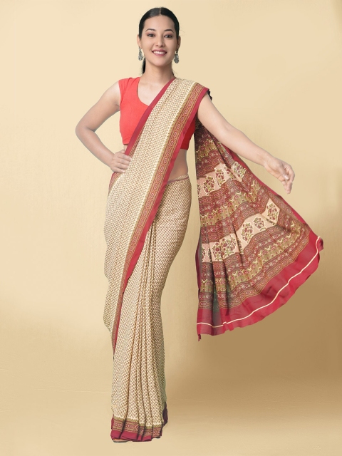 

Unnati Silks Brown & Maroon Art Silk Block Print Sustainable Saree